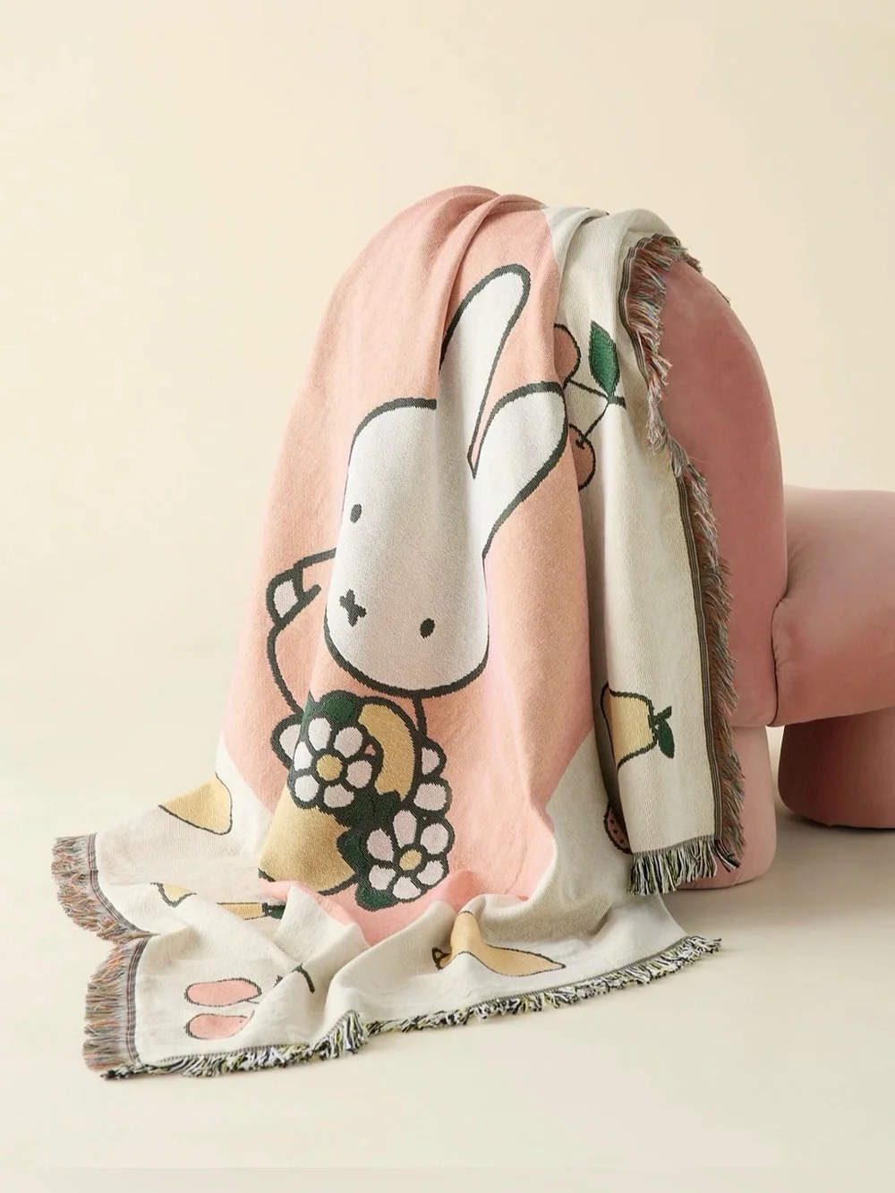 miffy Cream and Pink Bunny Fruit Throw Blanket NEW NWT